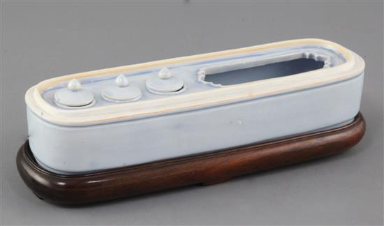 A Chinese Claire-de-Lune glazed scribes box and cover, 19th /20th century, 22cm, wood stand